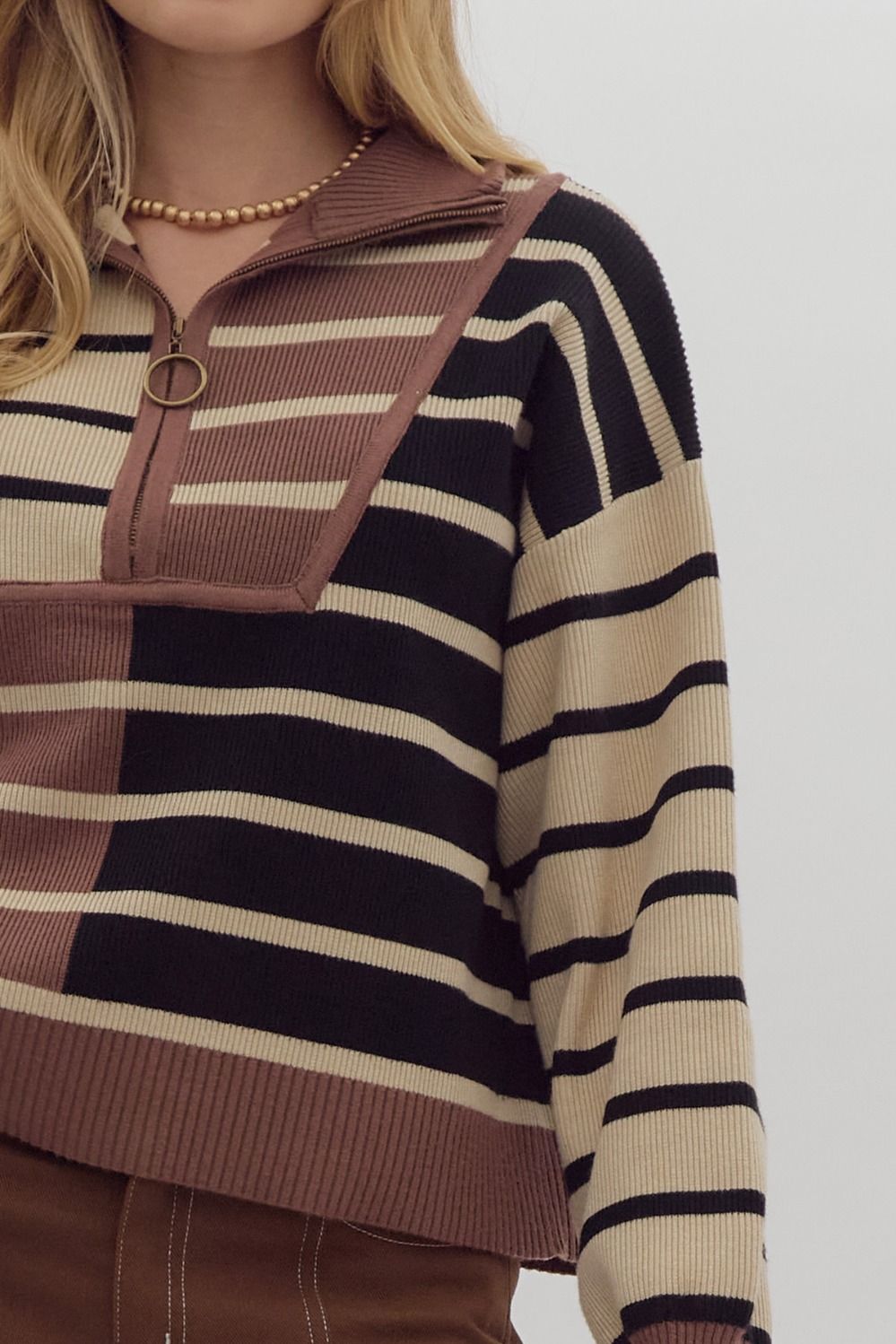 color block striped half zip pullover sweater in black and brown-front