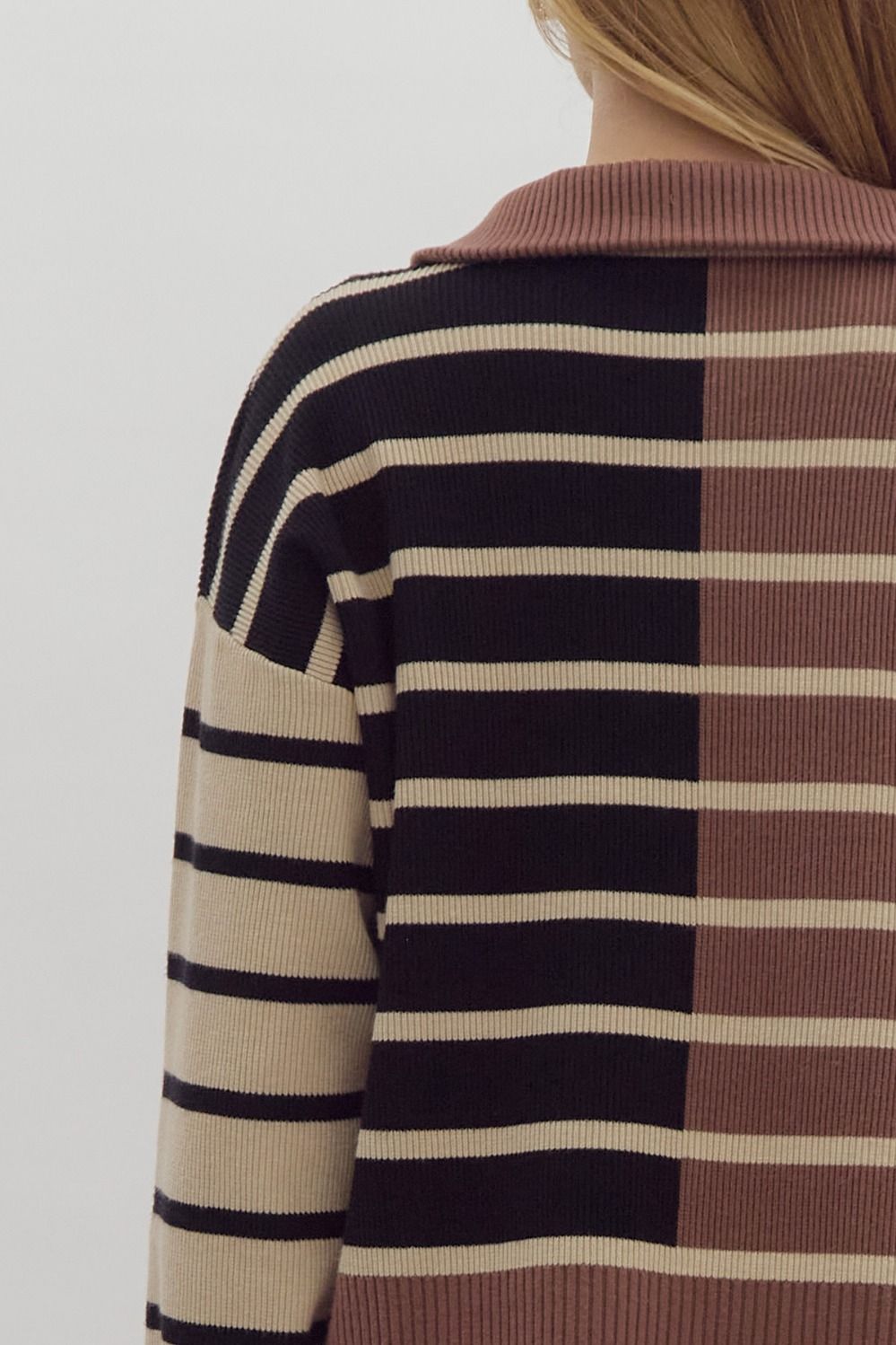 color block striped half zip pullover sweater in black and brown-back