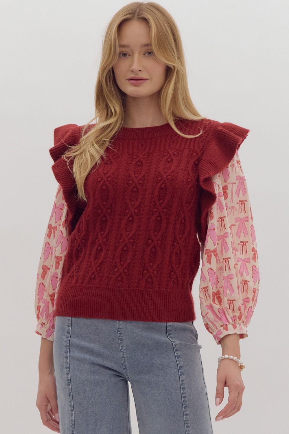 bow print puff sleeve ruffle shoulder sweater in ruby-front