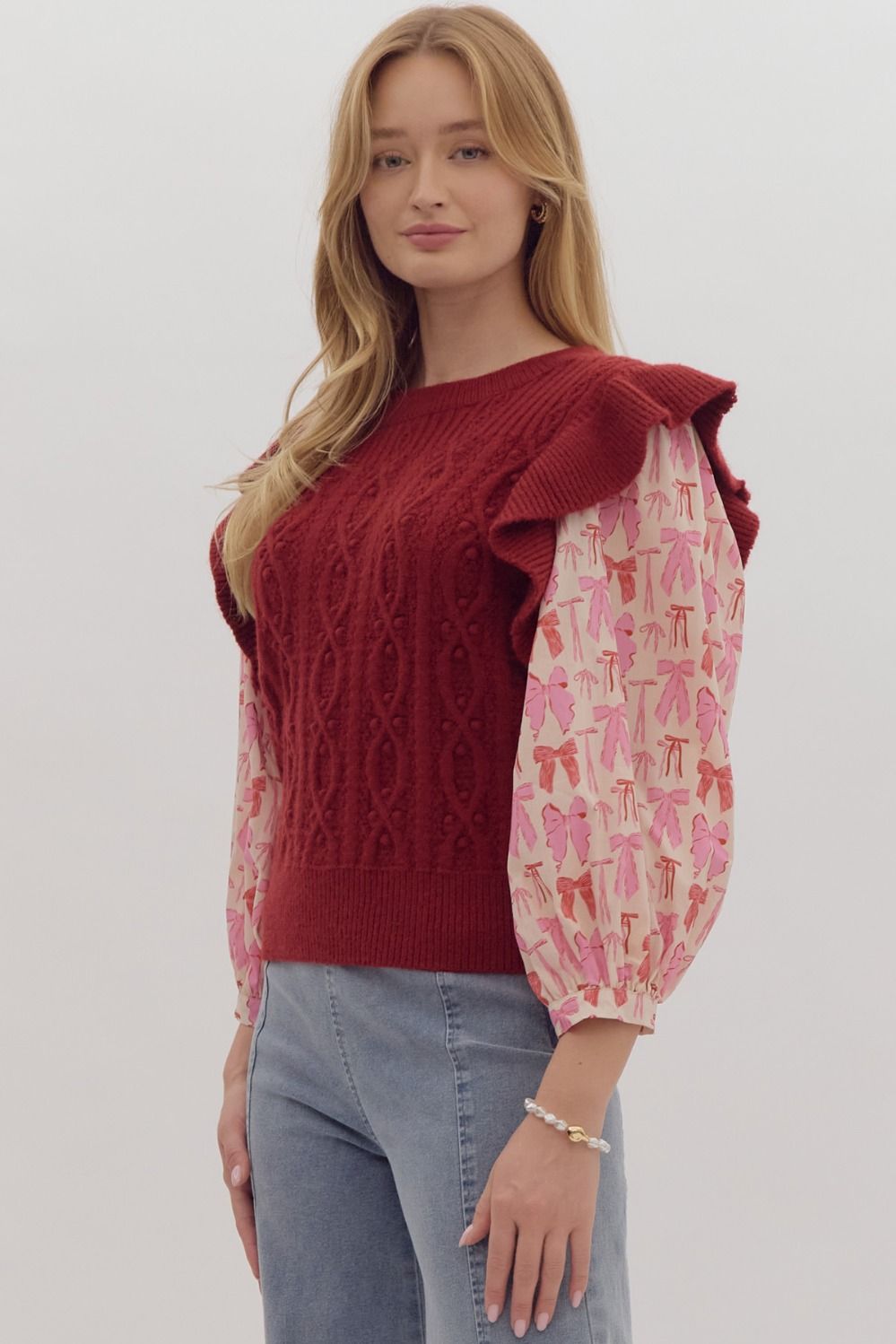 bow print puff sleeve ruffle shoulder sweater in ruby-side