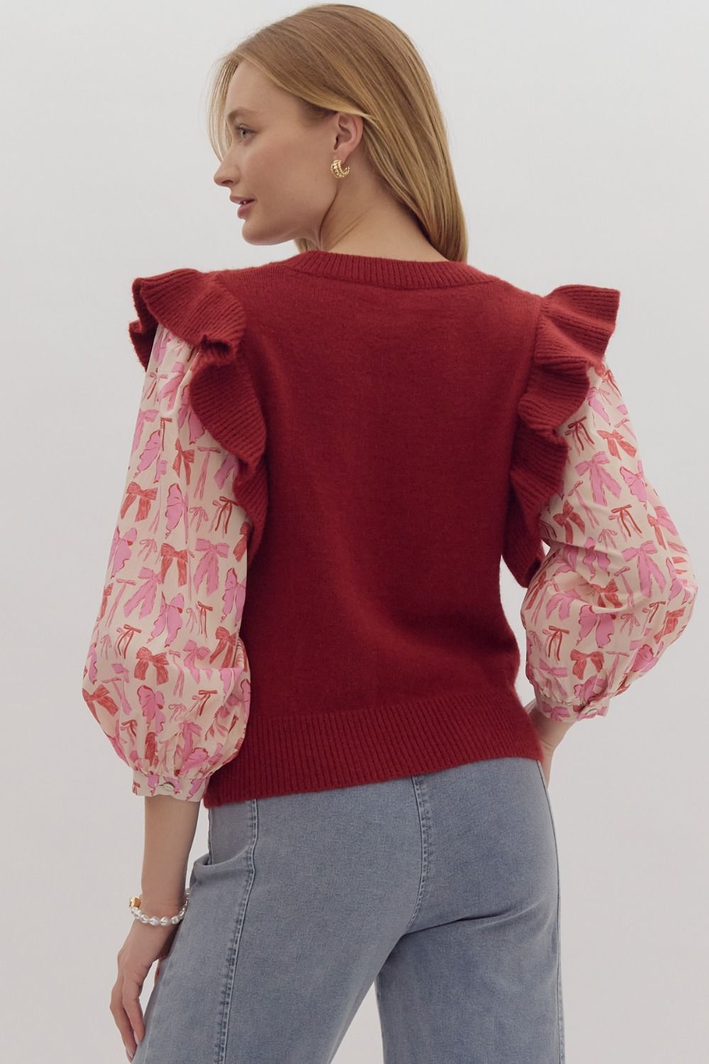 bow print puff sleeve ruffle shoulder sweater in ruby-back