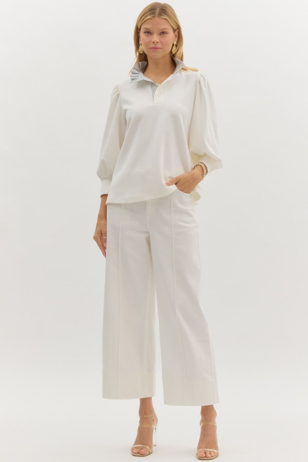 entro solid 3/4 balloon sleeve ruffle neck top in off white