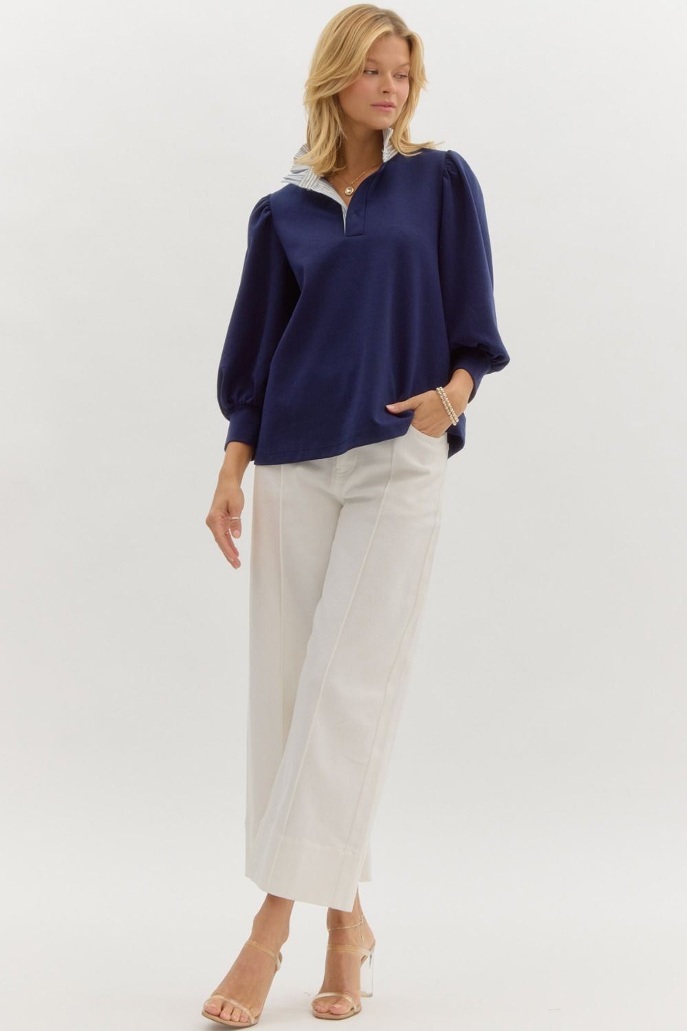 entro solid 3/4 balloon sleeve ruffle neck top in navy