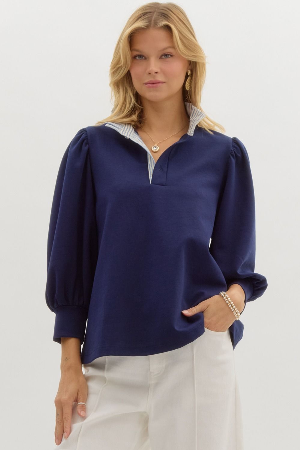 entro solid 3/4 balloon sleeve ruffle neck top in navy