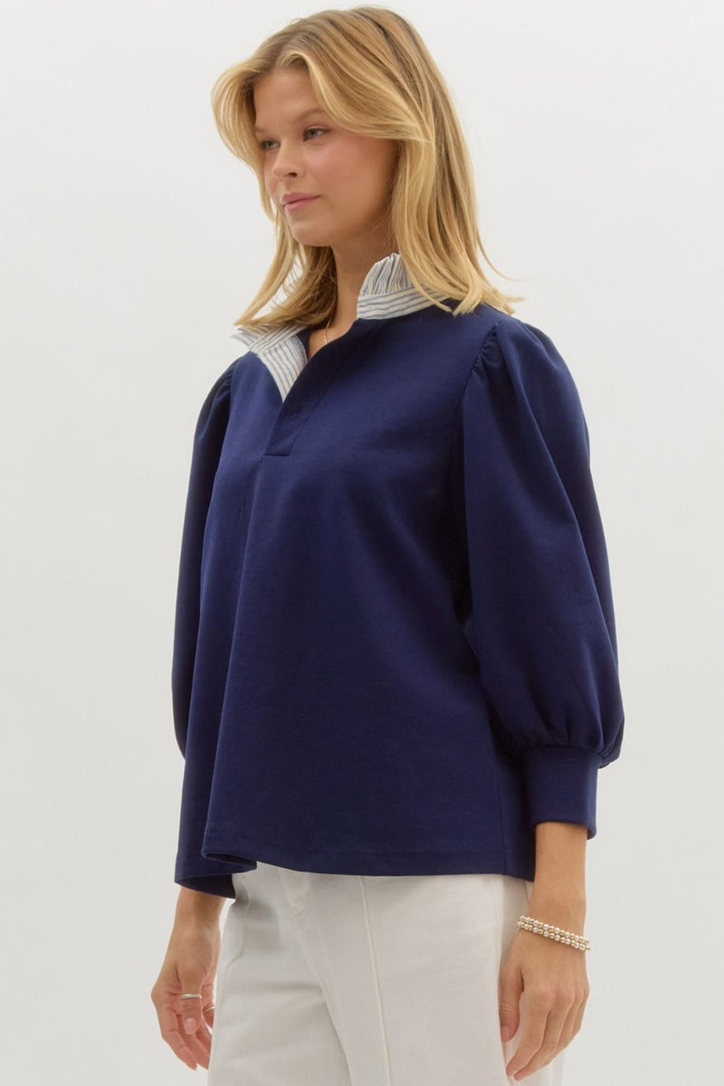 entro solid 3/4 balloon sleeve ruffle neck top in navy