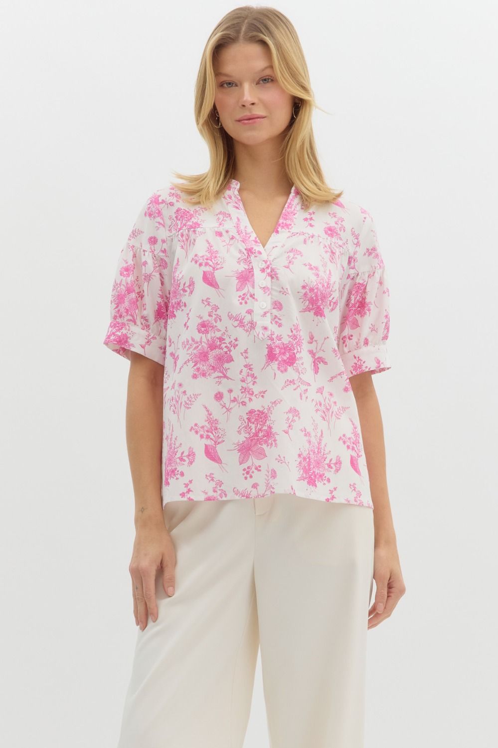 Floral print half button closure pullover top in pink