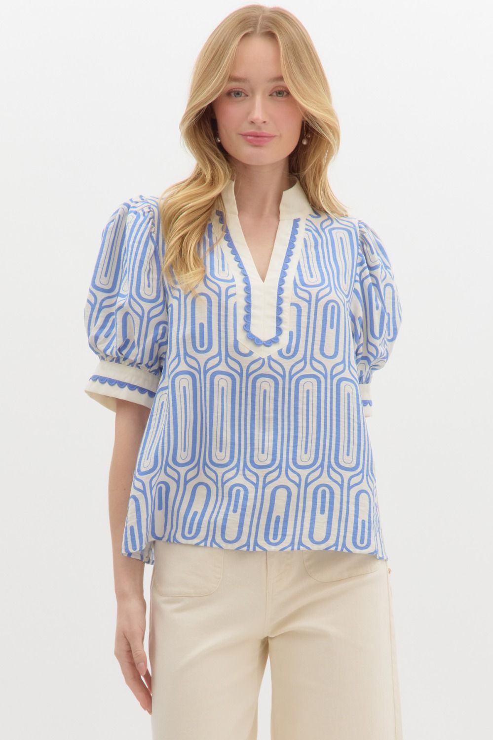 Abstract Scallop cuffed  bubble Sleeve Top in blue