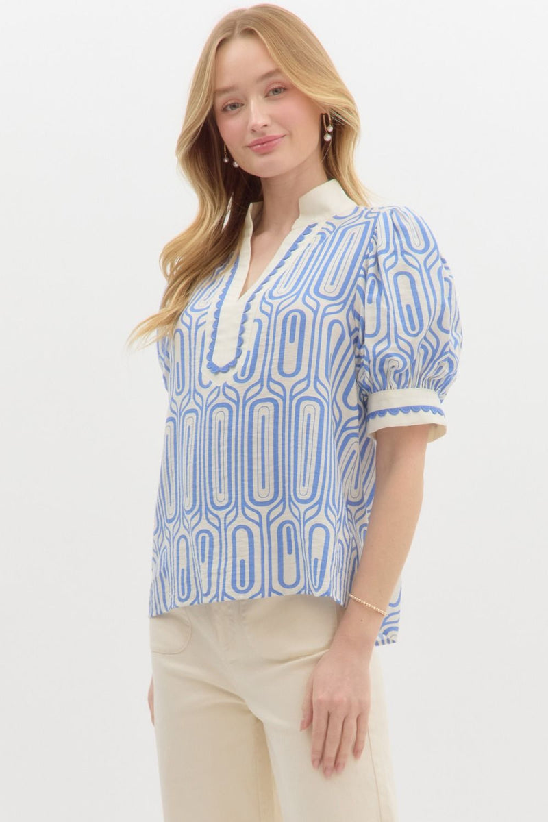 Abstract Scallop cuffed  bubble Sleeve Top in blue