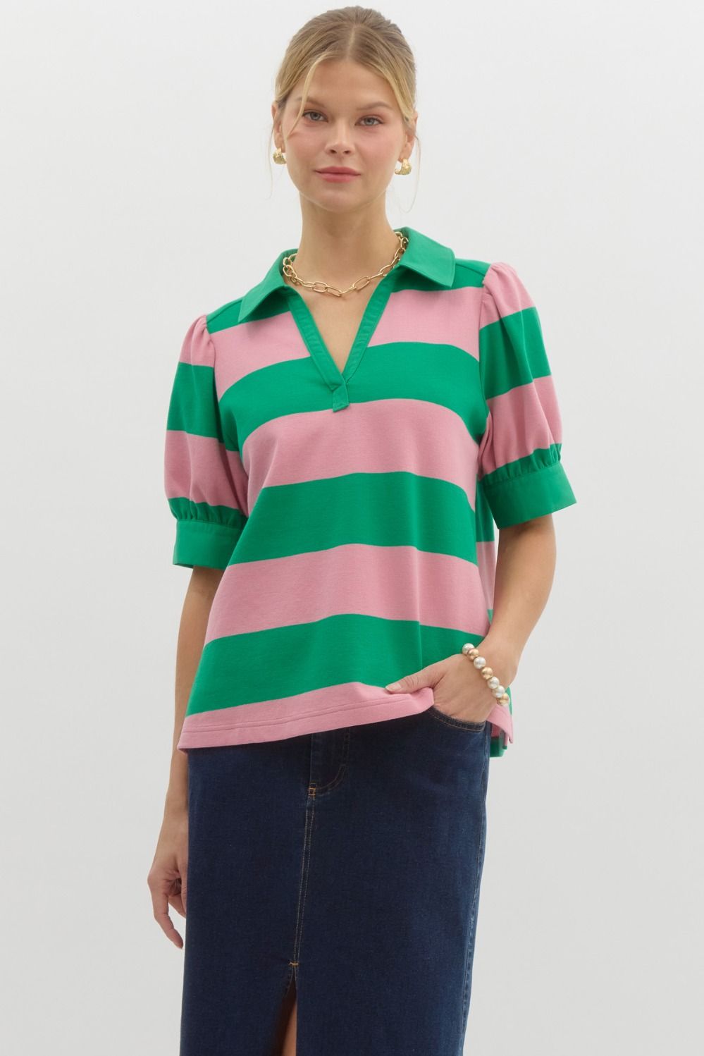 wide striped collard top in green and pink