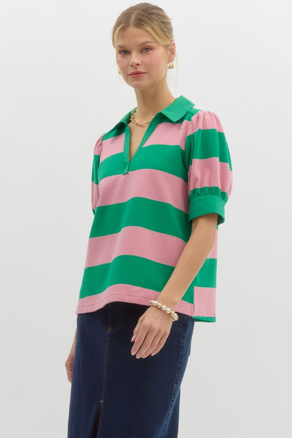 wide striped collard top in green and pink