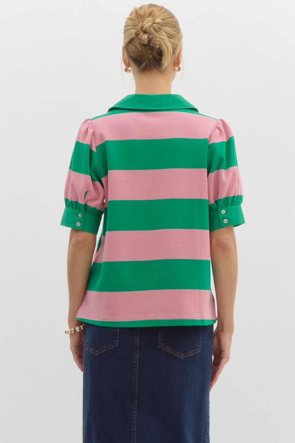 wide striped collard top in green and pink