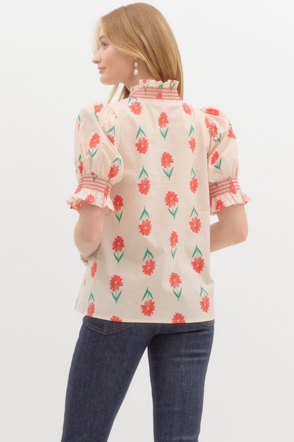 Floral Embroidered Smock neck Cuff Top in cream