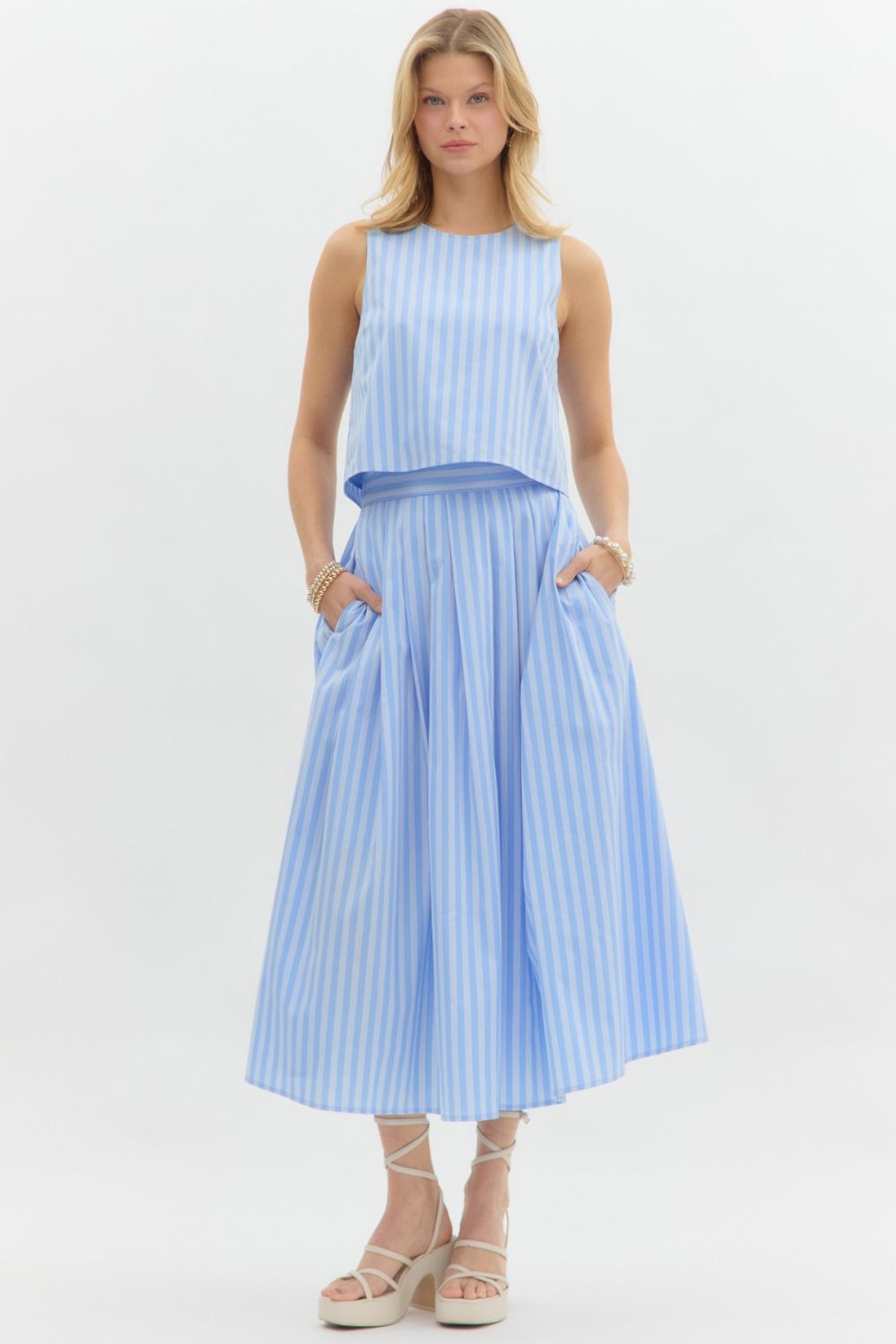 Striped wide button Back sleeveless Top in blue