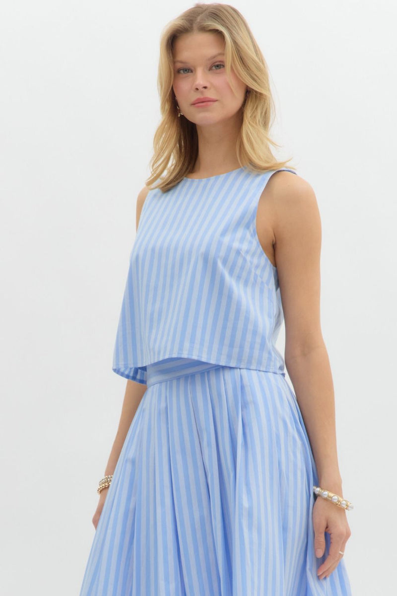 Striped wide button Back sleeveless Top in blue