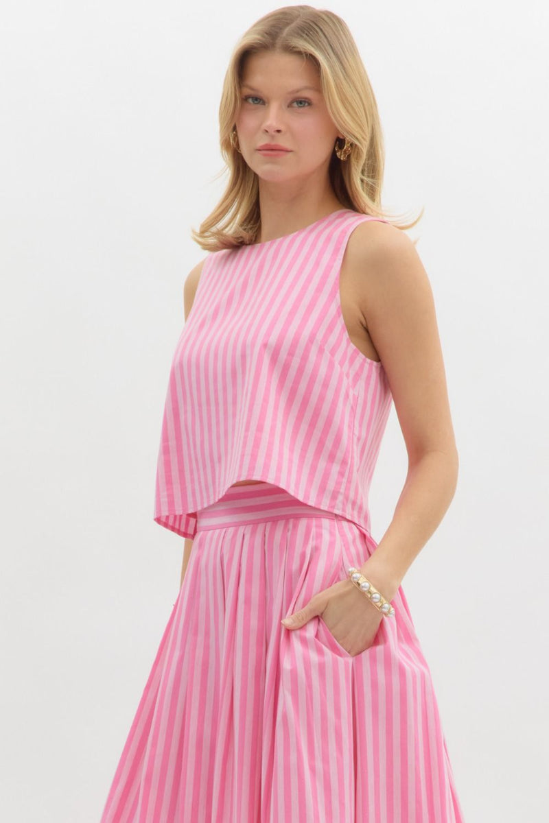 Striped wide button Back sleeveless Top in pink 