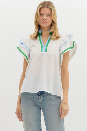 entro solid multicolor detail flutter sleeve top in off white