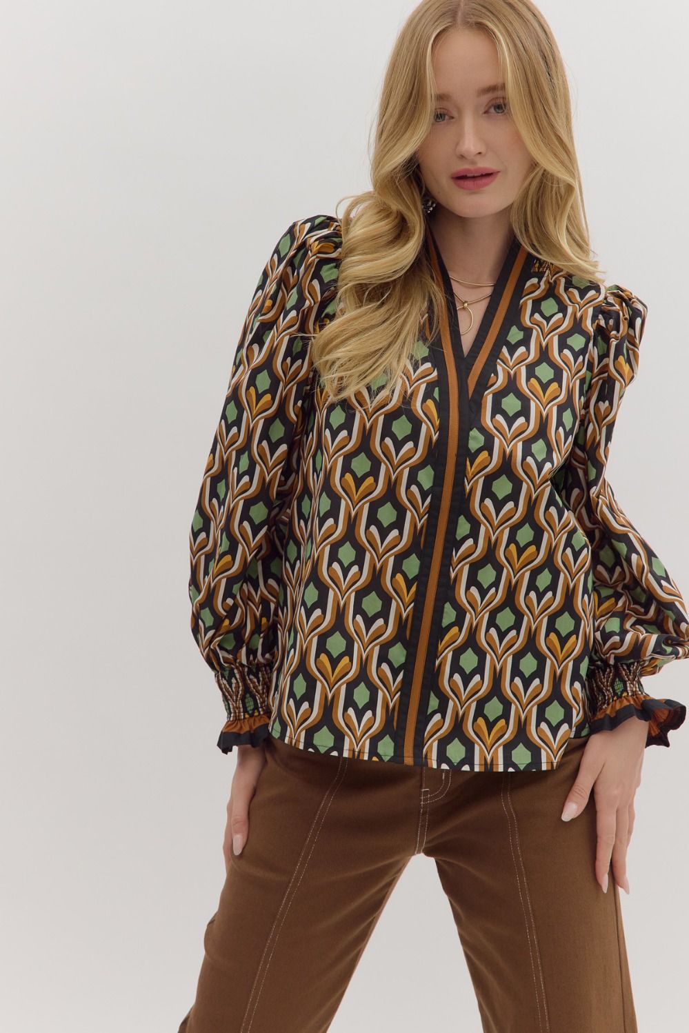 Autumn Geo Split Neck Top