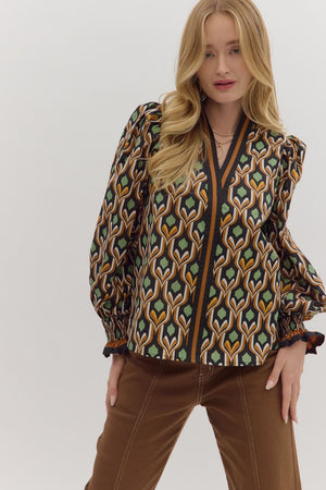 Autumn Geo Split Neck Top