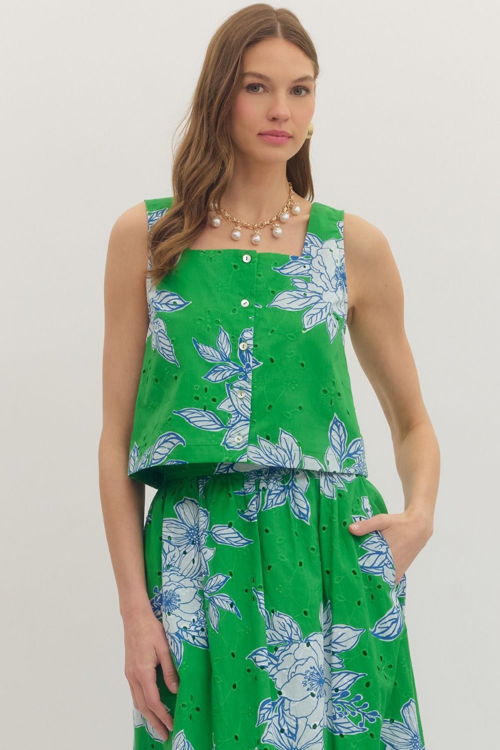 Botanical Eyelet Square Neck Button Top