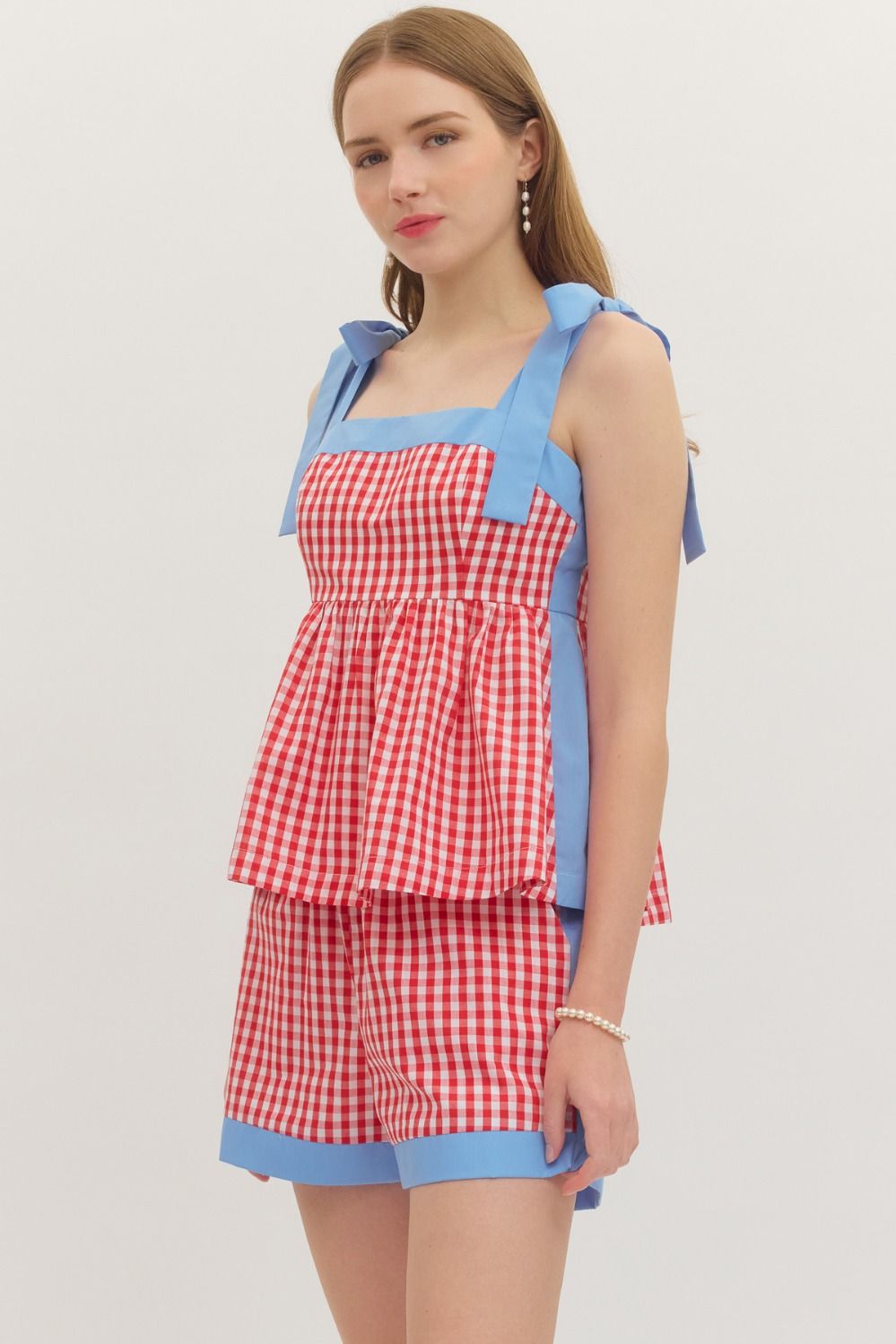 Gingham Contrast Tie Shoulder Peplum Top – Bliss