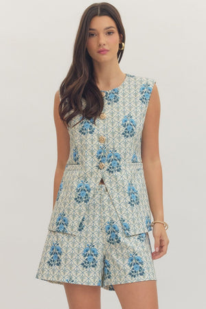 Floral Print Sleeveless Button Top