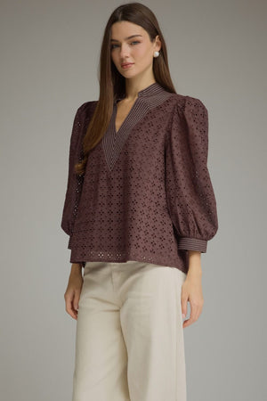 Eyelet Stitch Detail Puff Sleeve Top