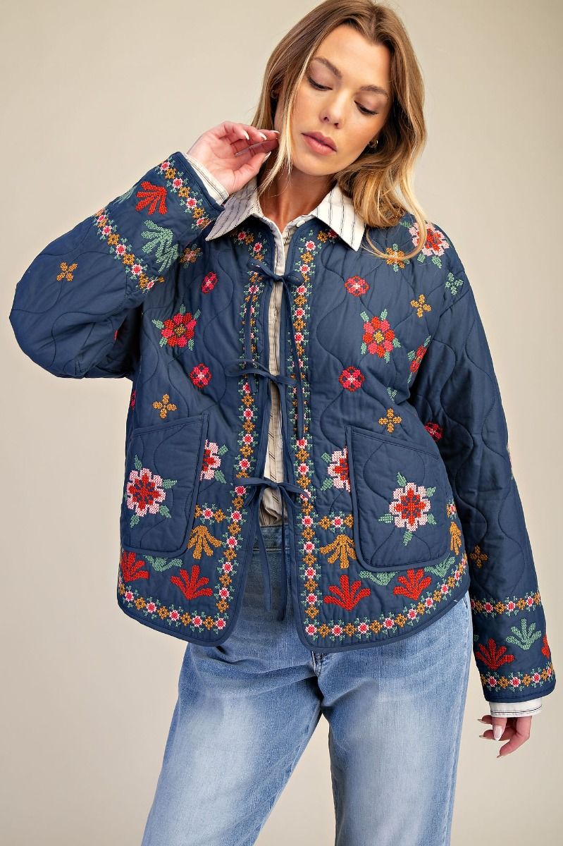 Cottage Bloom Embroidered Bow Jacket