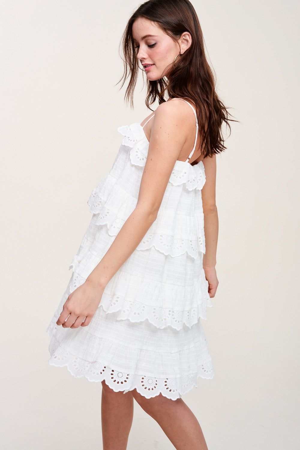 eyelet edge ruffle mini dress in white-side