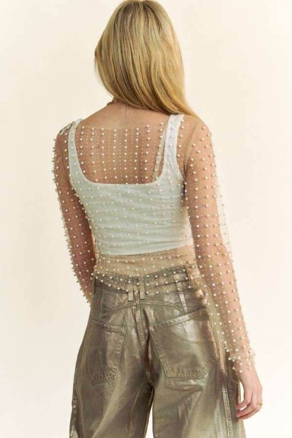 beads and pearls embellished mesh sleeve top in nude-back