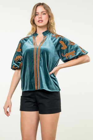 Velvet Puff sleeve Embroidered Top in teal-front