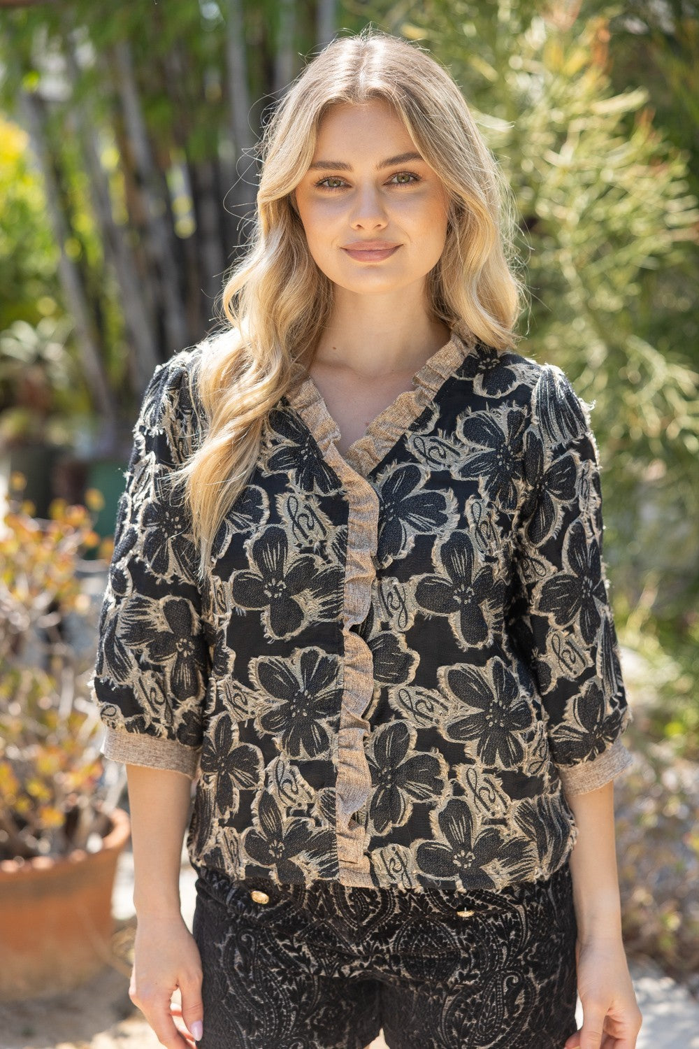 Petal Grove Ruffle Neck Floral Top