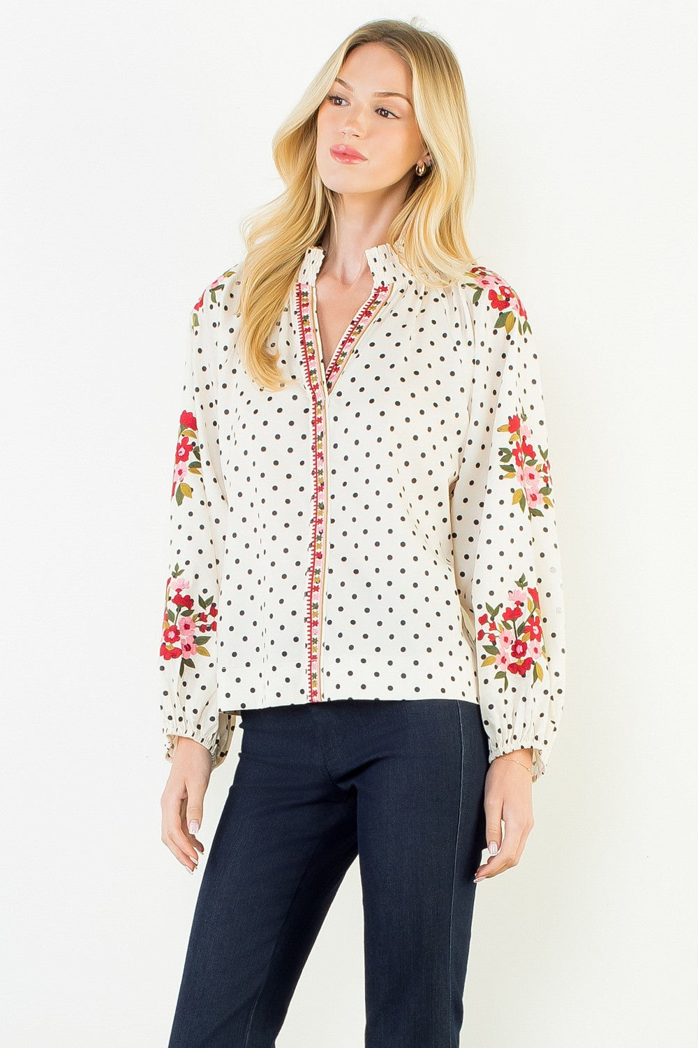 Polka Dot Floral Embroidered Blouse