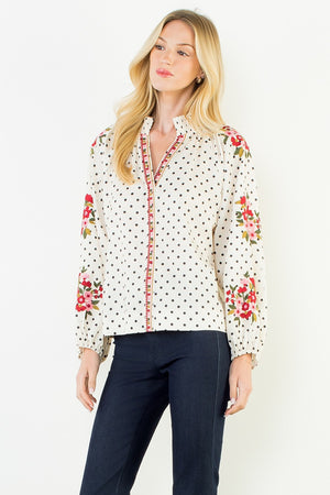 Polka Dot Floral Embroidered Blouse