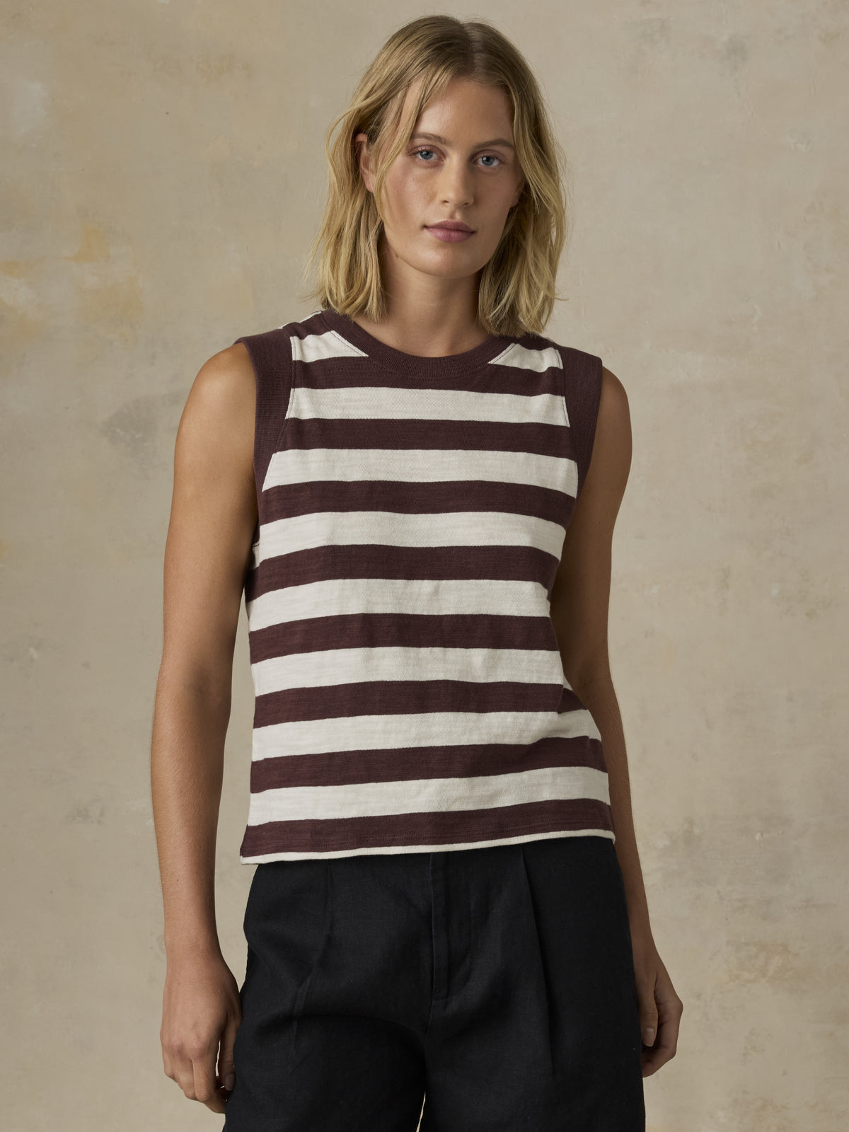 Faherty Sunwashed Slub Muscle Tank chocolate stripe