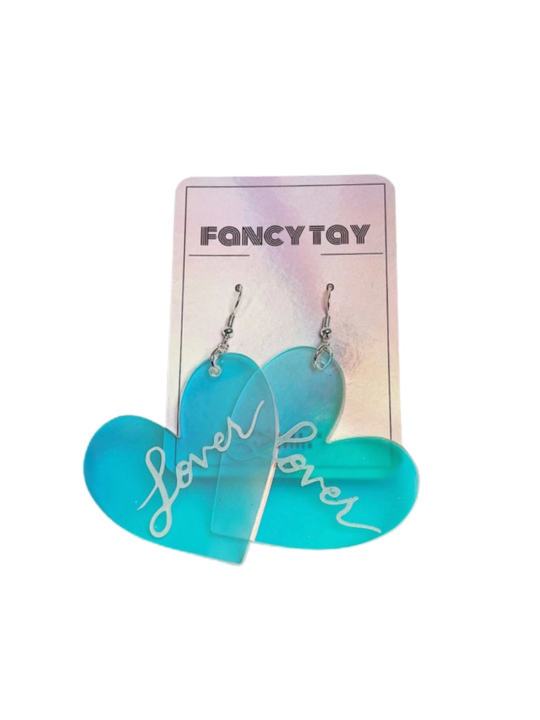Acrylic Etched Taylor Swift Lover Heart Dangle Earrings Iridescent