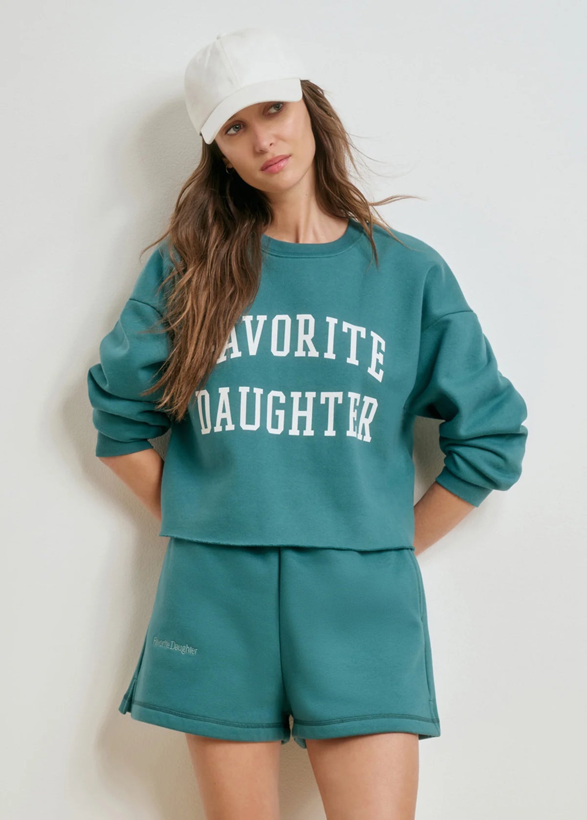 Favorite Daughter The Cropped Collegiate Sweatshirt  emerald off white