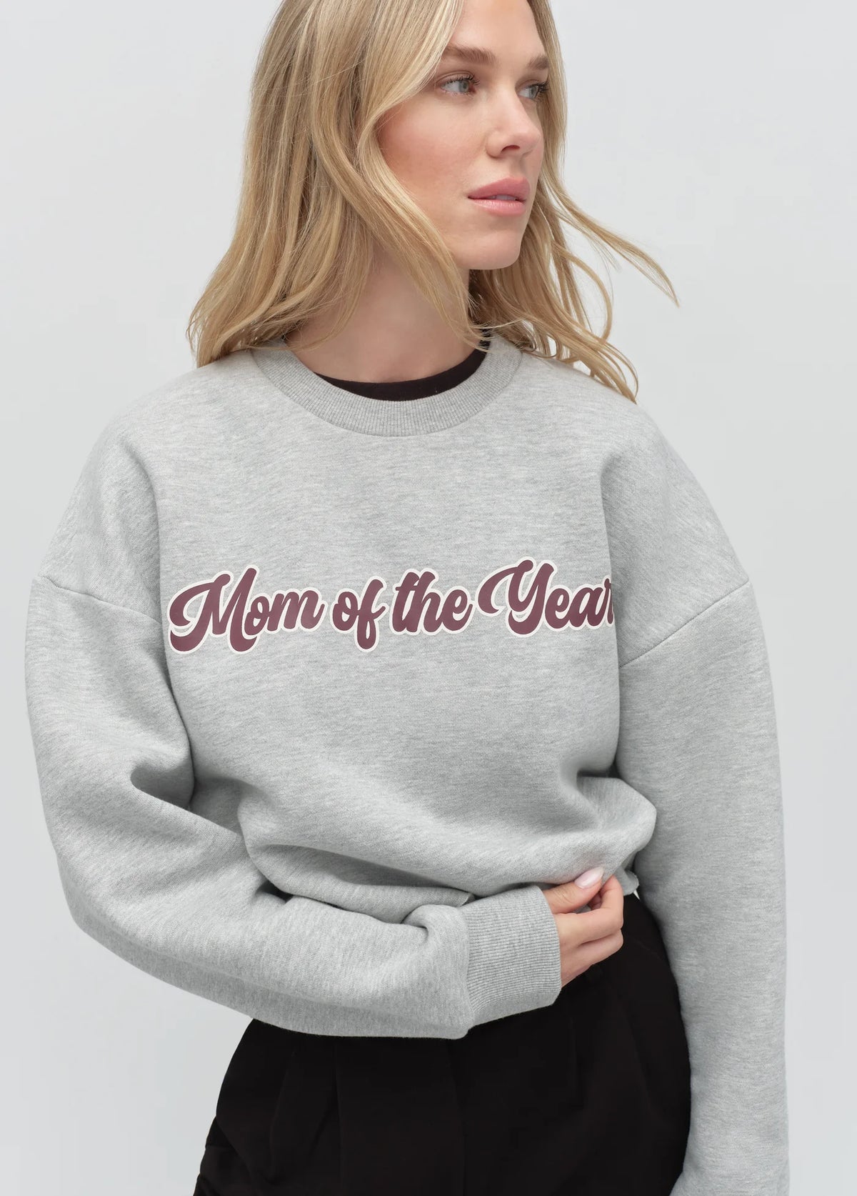 Favorite Daughter The Cropped Mom of the Year Sweatshirt  heather grey burgundy