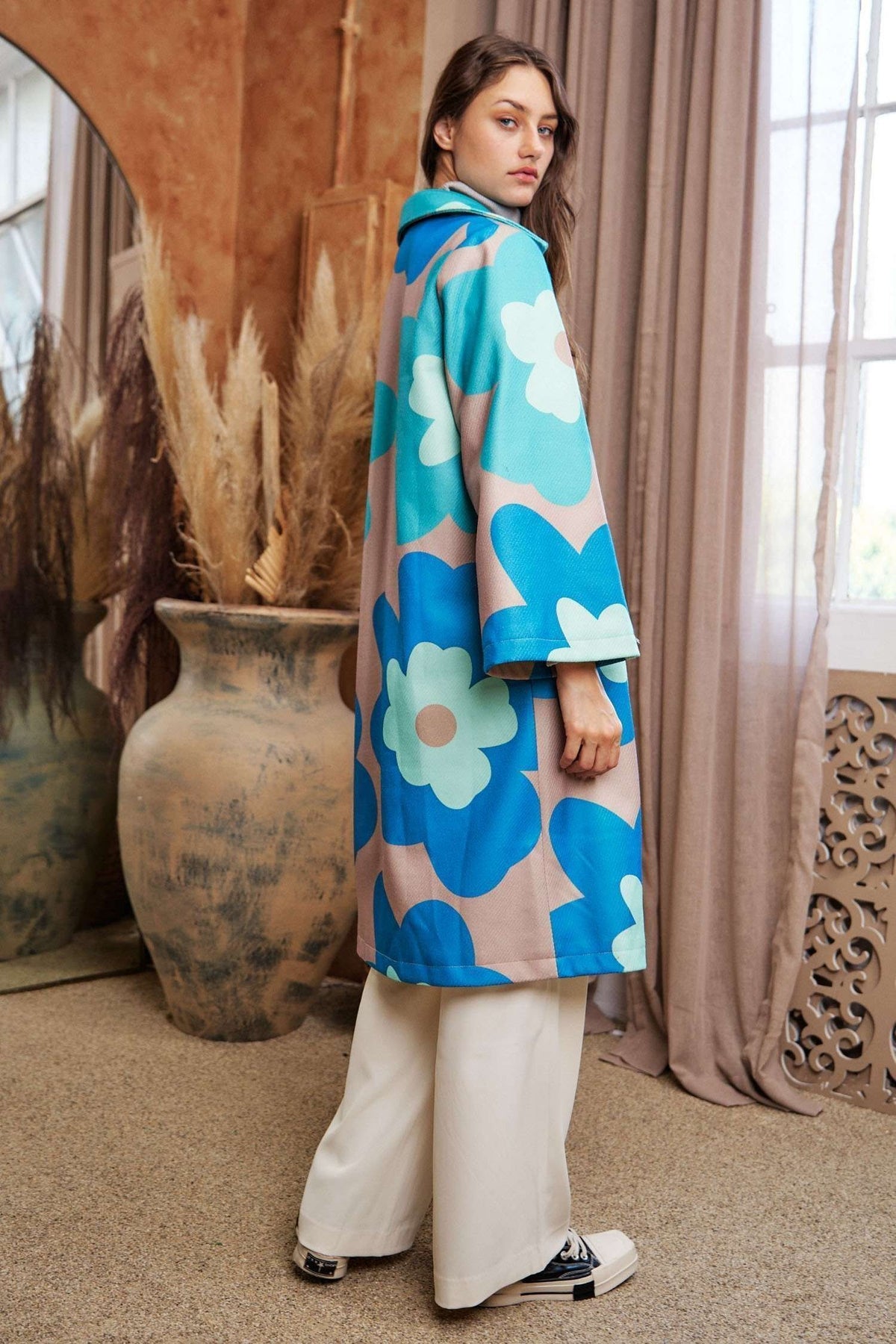 Retro Floral Bold Long Overcoat in Teal Green