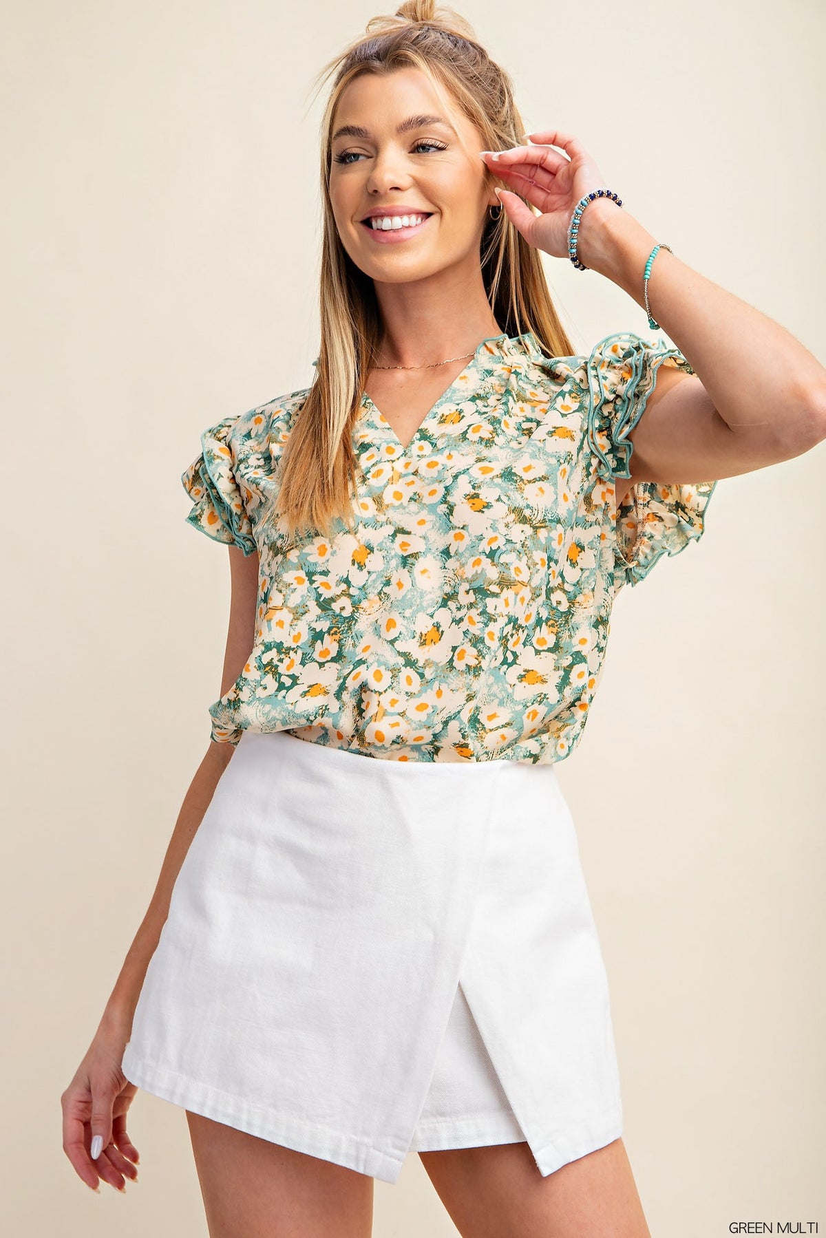 floral casual ruffle sleeve v neck top in green multi-front