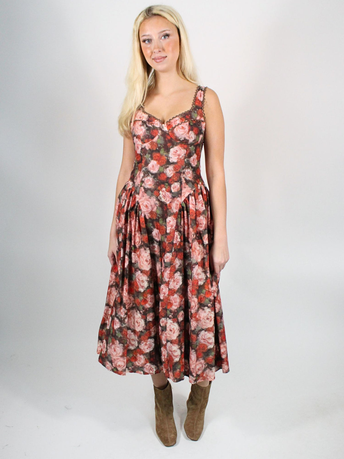 Floral Embroidered Corset Midi Dress Brownmulti / L Floral Embroidered Corset Midi Dress Brownmulti / L