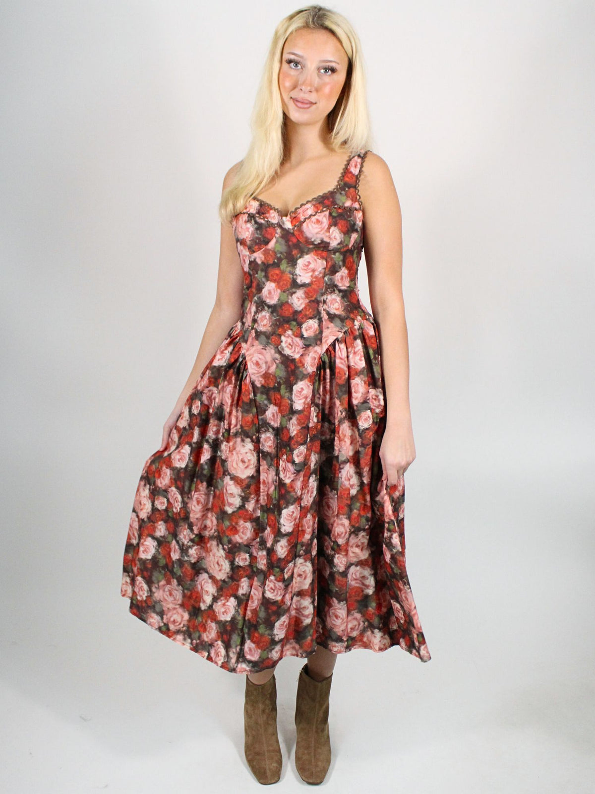Floral Embroidered Corset Midi Dress