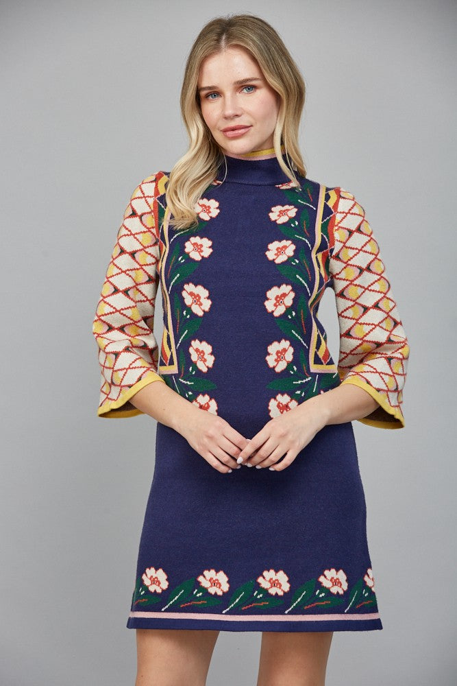 Floral & Geo Motif Jacquard Knit Mini Dress Navy