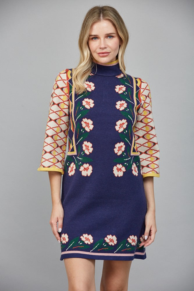 Floral & Geo Motif Jacquard Knit Mini Dress Navy