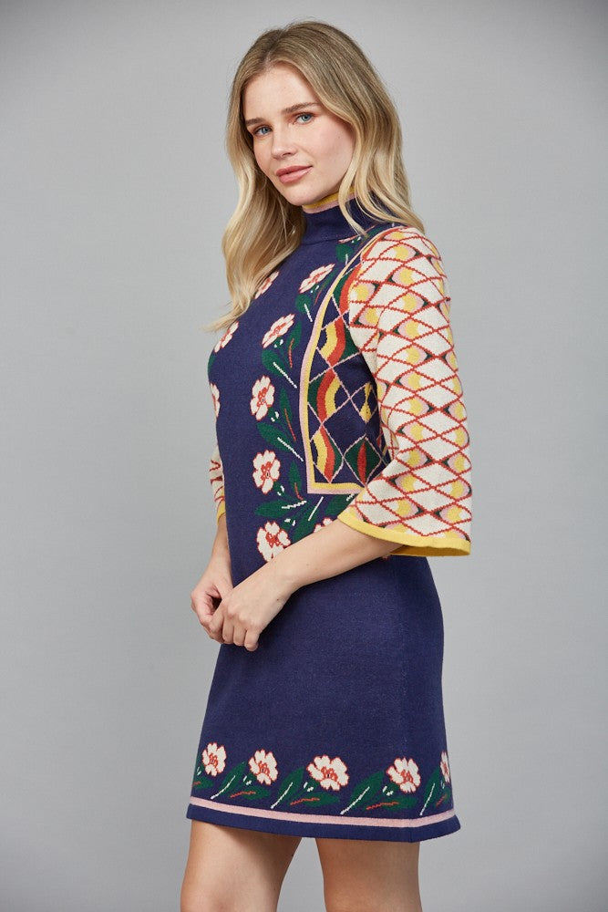 Floral & Geo Motif Jacquard Knit Mini Dress Navy