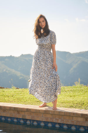 floral print tiered maxi dress in ivory and blue-front