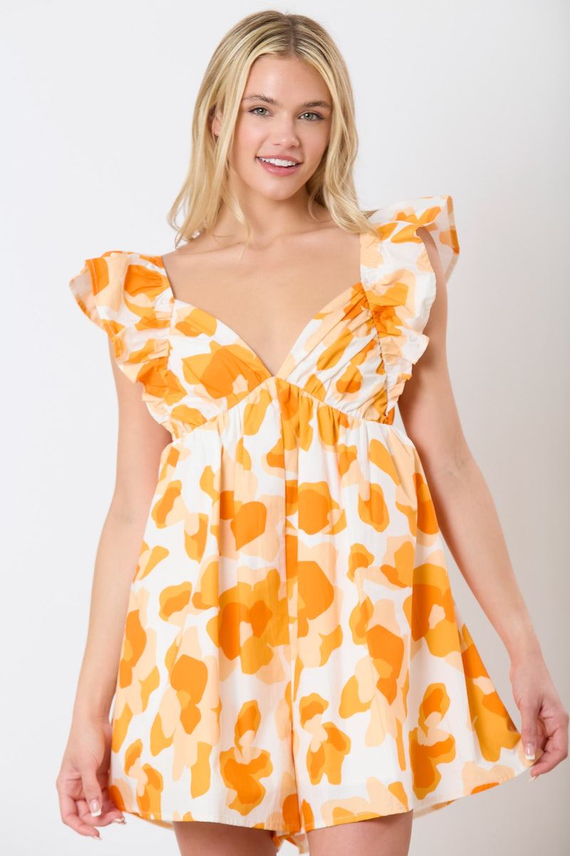 floral printed ruffle sleeve romper in tennessee orange and white-front