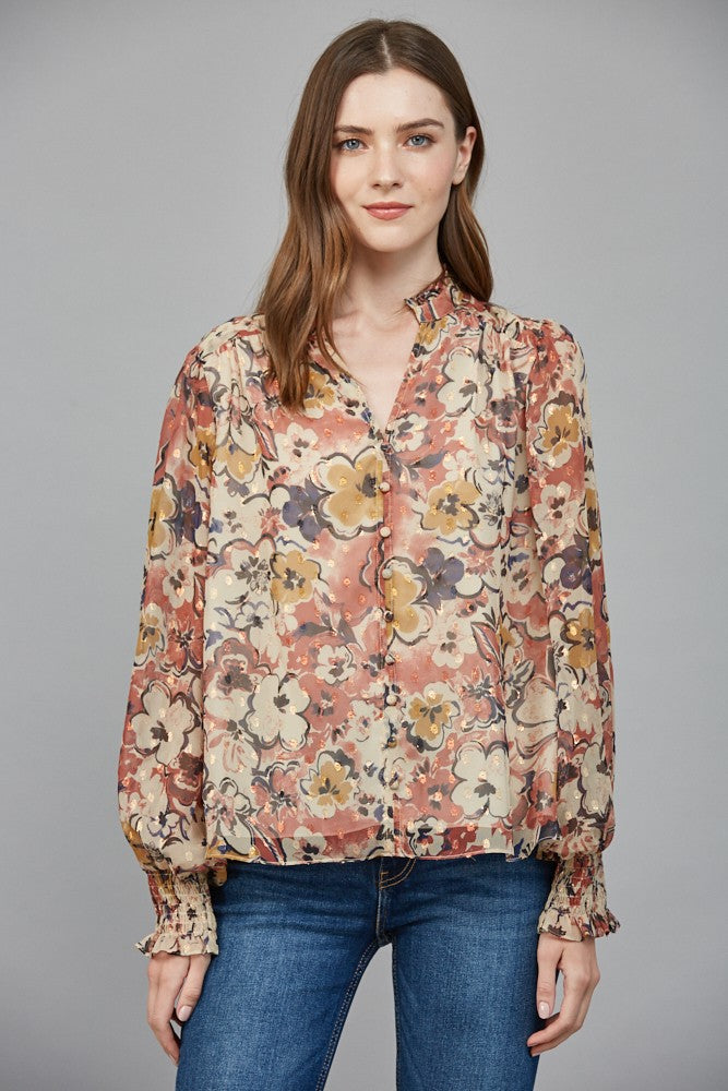 Floral Ruffle Chiffon Blouse Beige Combo