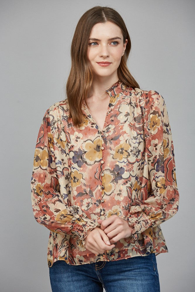 Floral Ruffle Chiffon Blouse Beige Combo