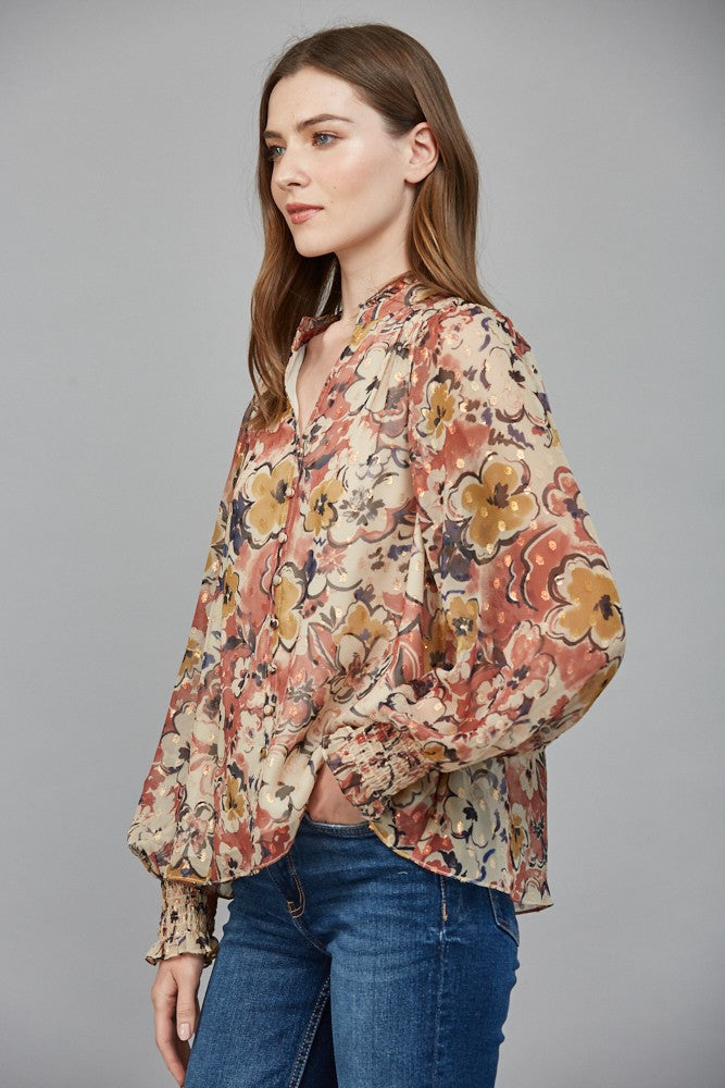 Floral Ruffle Chiffon Blouse Beige Combo