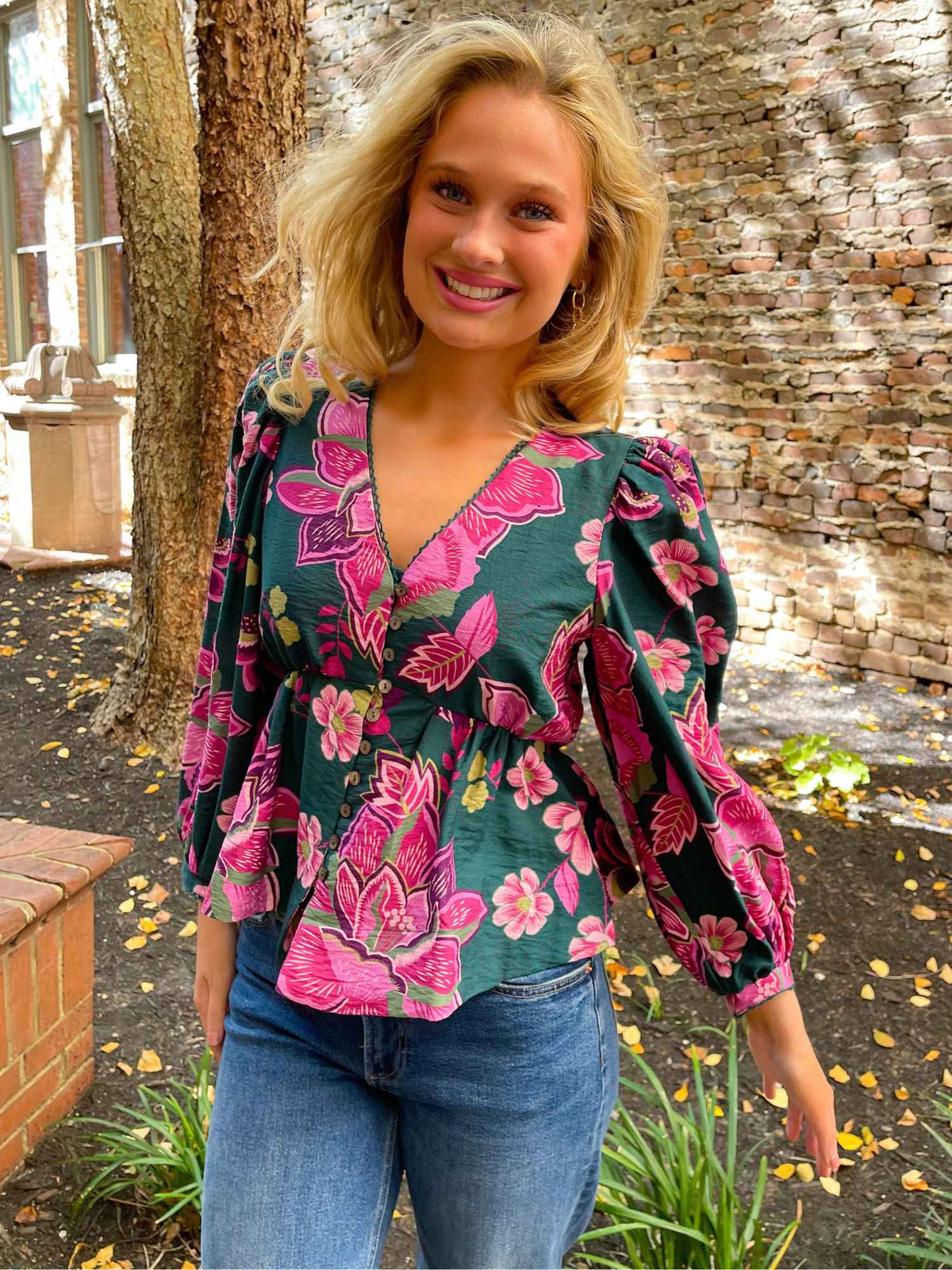 September Bloom Scalloped Floral Button-Front Top